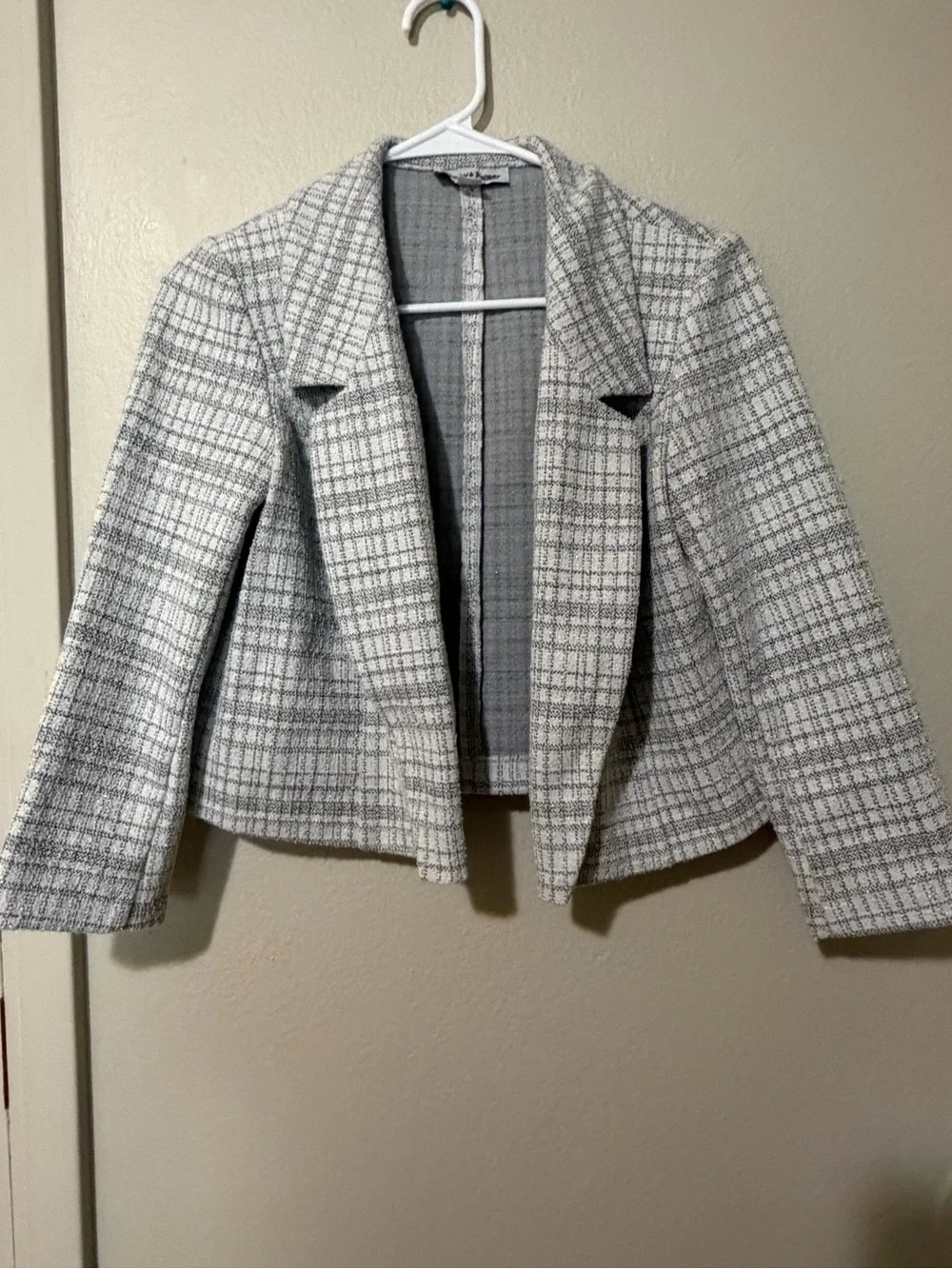 Women's Gray Plaid Open Front Tweed Blazer Jacket
